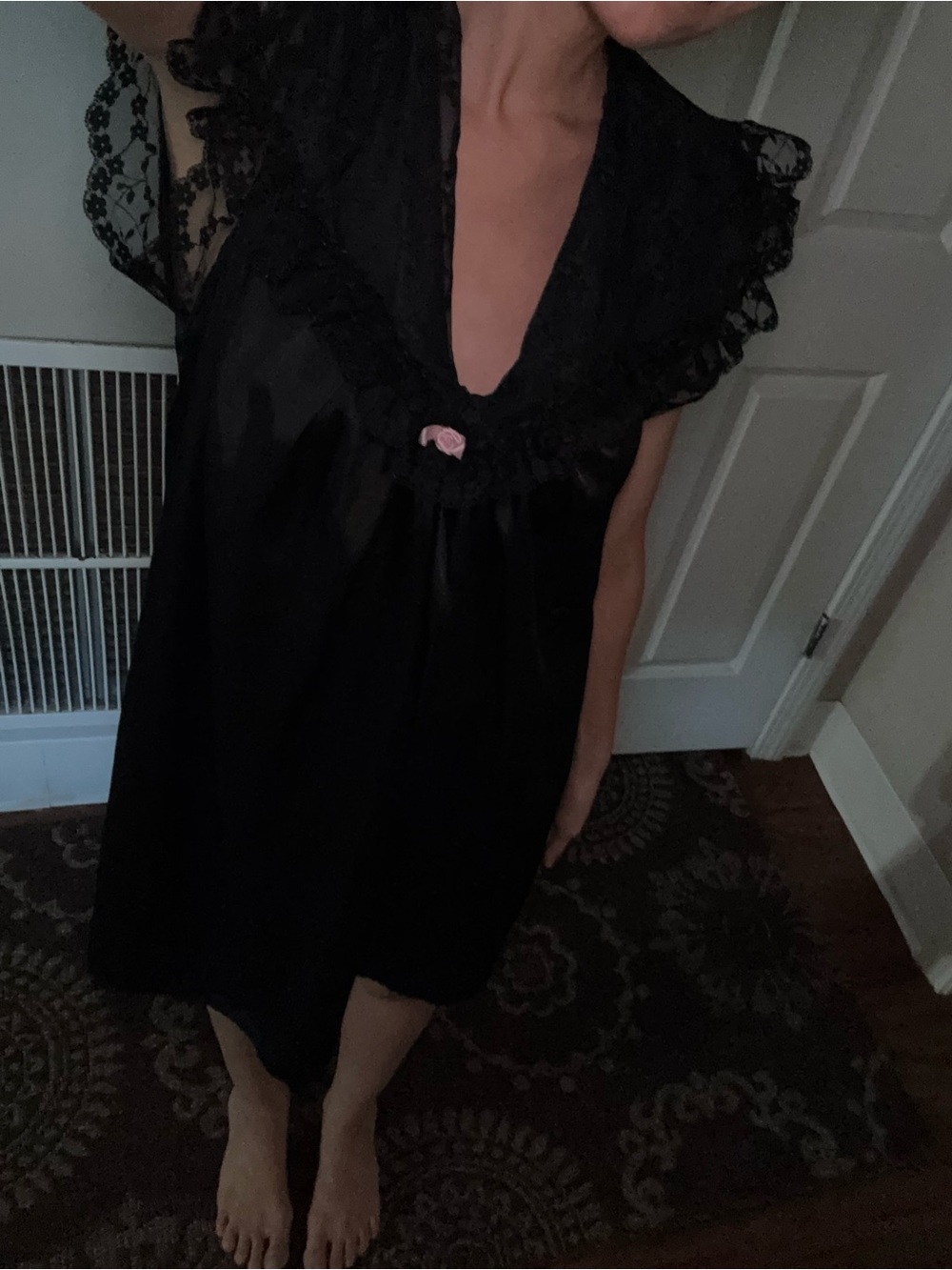 Vintage Lily of France Black Satin and Lace Nightgown Small